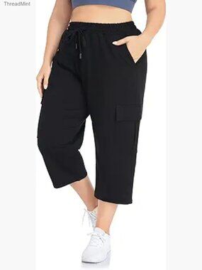 Plus Size Cargo Capri Sweatpants Active Workout Crop Pants Pockets Drawstring
